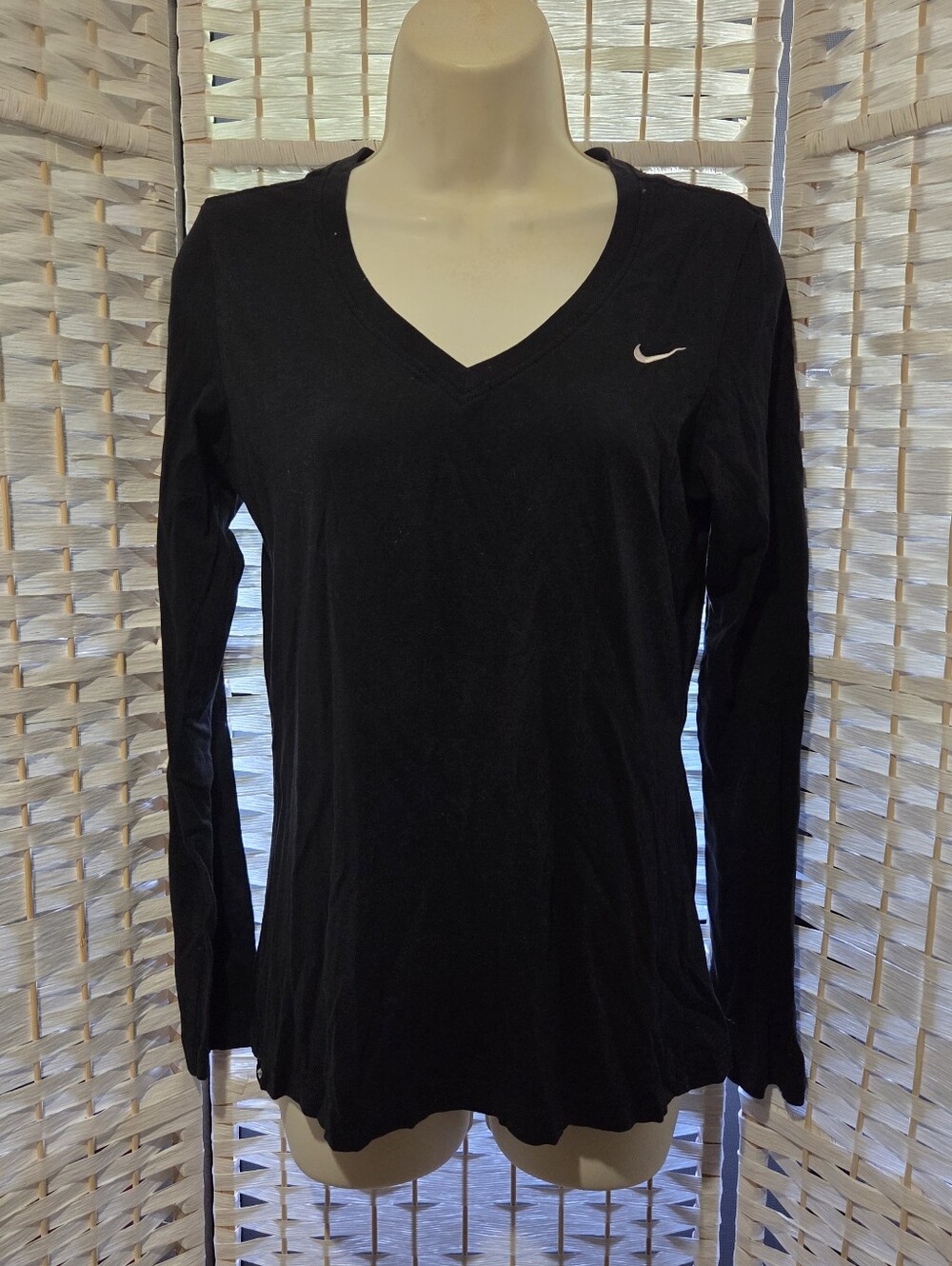 Nike Black Long Sleeve Slim Fit V-Neck Top with Swoosh